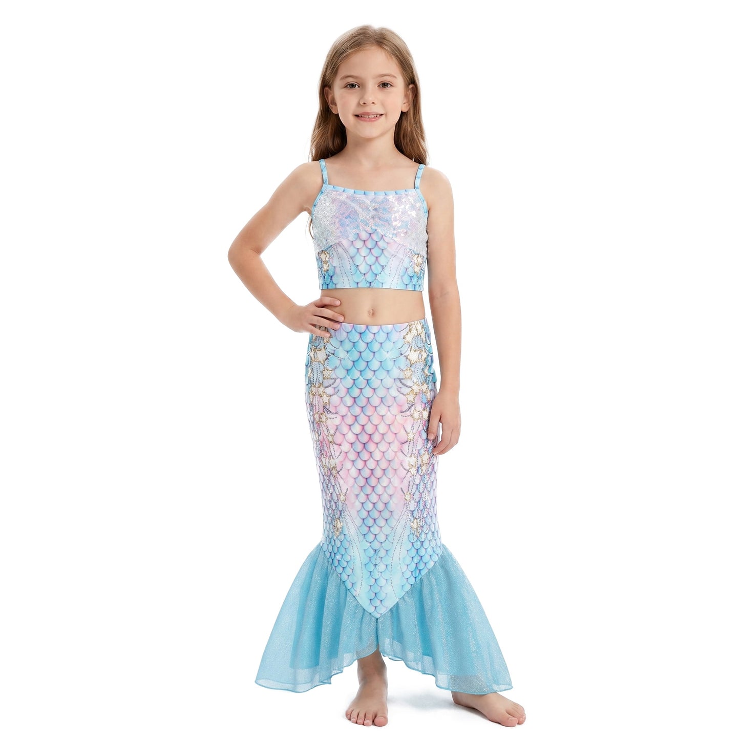 Girls Mermaid Swimsuit 3 Piece Bikini Set with Removable Fishtail Tulle Skirt, Scales Print Two Piece Bathing Suit with Skirt Size 9Y