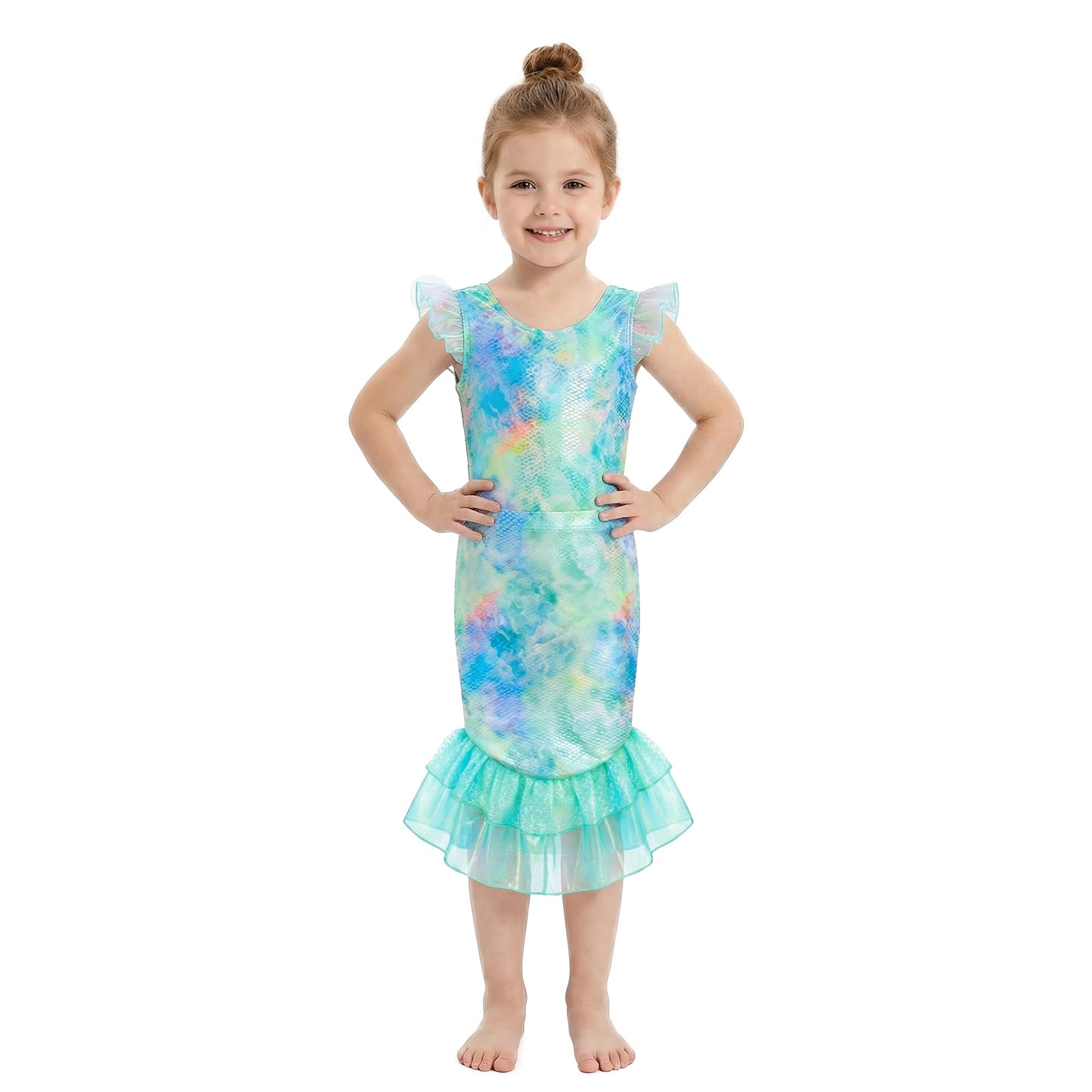Mermaid Two Piece Fish Tail Skirt Swimwear 5T Cosplay Swimsuit Scale Print Swim Top with Lotus Bud and Skirt Set