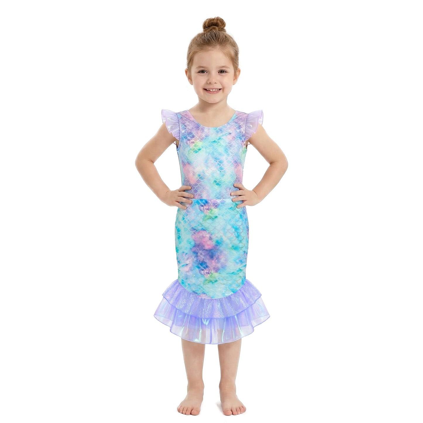 Girls Two Piece Fish Tail Skirt 3T Bathing Suit Cosplay Swimsuit Color Gradient Scale Print Swim Top with Lotus Bud and Skirt Set