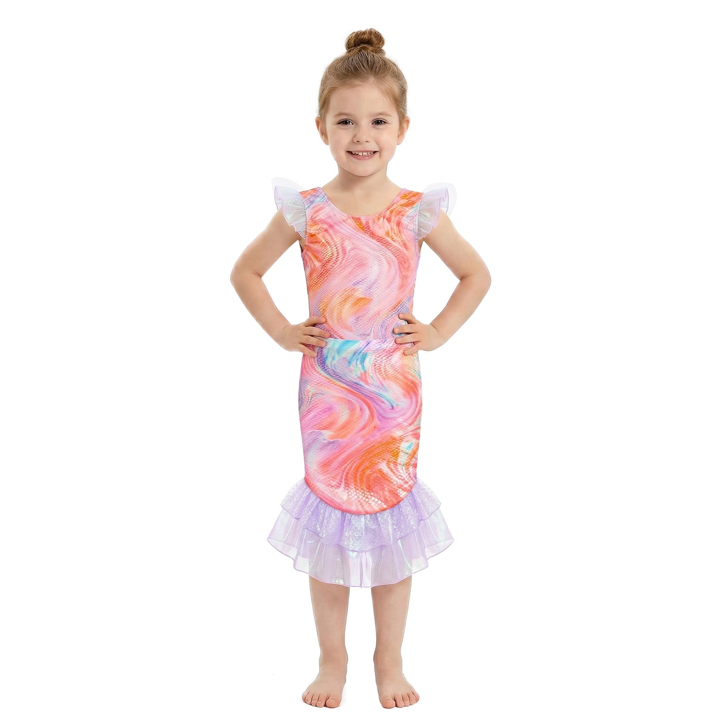 Girls Two Piece Mermaid Fish Tail Skirt Swimwear Set Cosplay Swimsuit Color Gradient Scale Print Swim Top with Lotus Bud and Skirt Set for Kids Girls 5-6 Years
