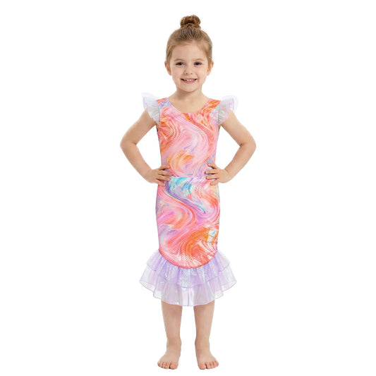 Girls Two Piece Mermaid Fish Tail Skirt Swimwear Set Cosplay Swimsuit Color Gradient Scale Print Swim Top with Lotus Bud and Skirt Set for Kids Girls 5-6 Years