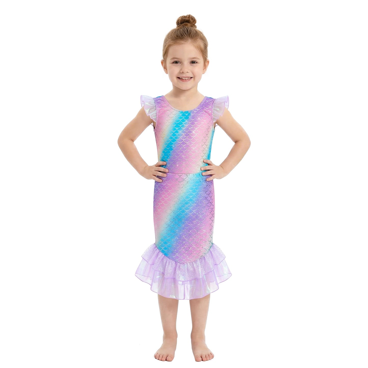 Girls Two Piece Fish Tail Skirt Swimwear Set Cosplay Swimsuit Color Gradient Scale Print Swim Top with Lotus Bud and Skirt Set for Kids Girls 4T Years