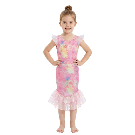 Girls Two-Piece Fish Tail Skirt 3T Bathing Suit Cosplay Swimsuit Color Gradient Scale Print Swim Top with Lotus Bud and Skirt Set