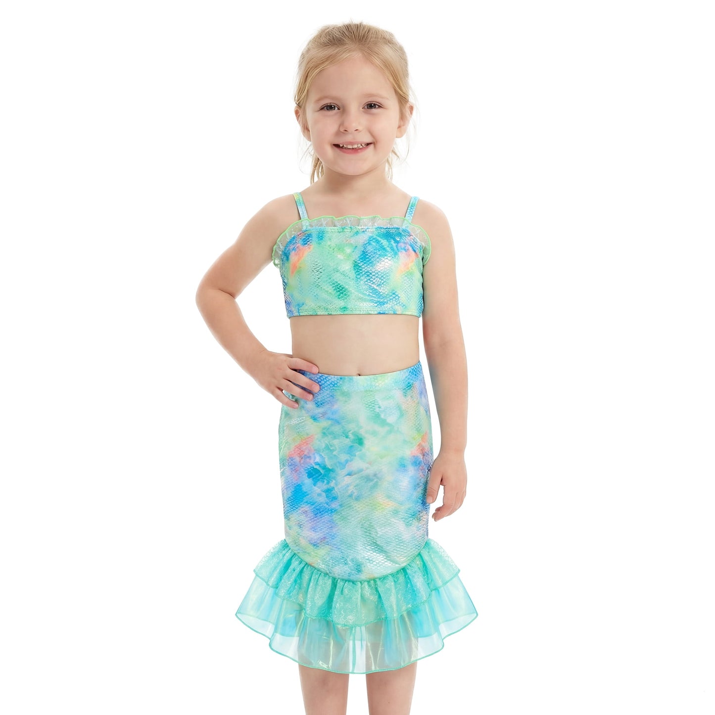 Girls Swimsuits 3PCs Mermaid Bikini Set Fish Tail Skirt Ruffled Bathing Suit Cosplay Swimwear for Kids Sizes 4-5Y