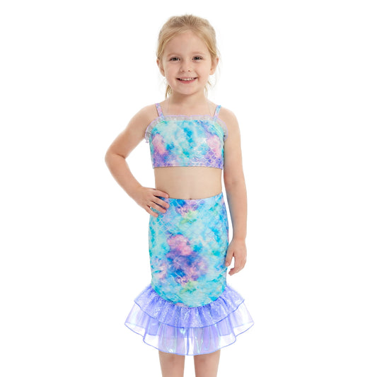 Girls Swimsuits 3PCs Mermaid Bikini Set Fish Tail Skirt Ruffled Bathing Suit Cosplay Swimwear for Kids Sizes 4-5Y