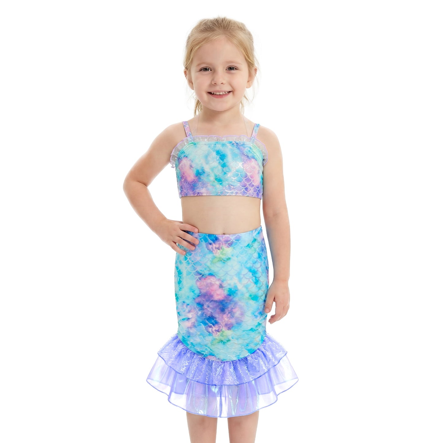 Girls Swimsuits 3PCs Mermaid Bikini Set Fish Tail Skirt Ruffled Bathing Suit Cosplay Swimwear for Kids Sizes 5-6Y
