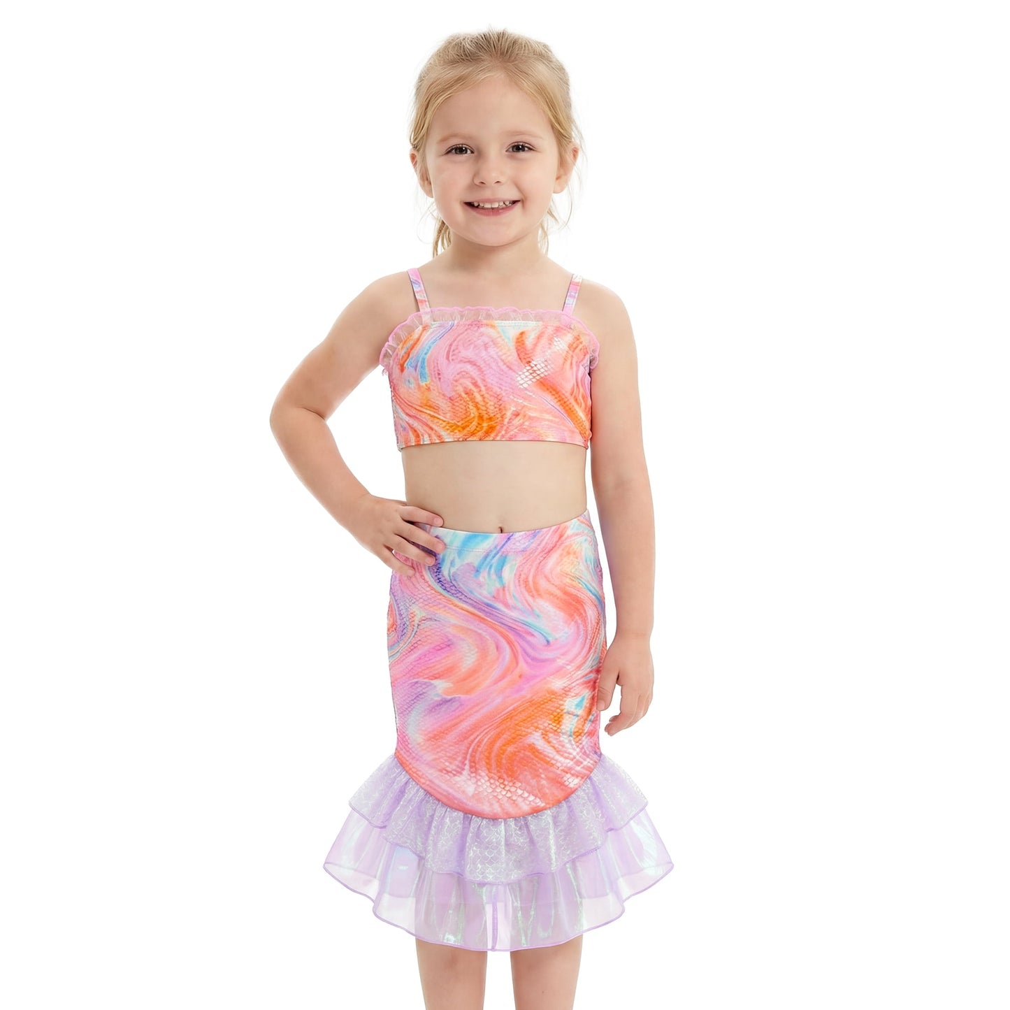 Girls Swimsuits 3PCs Mermaid Bikini Set Fish Tail Skirt Ruffled Bathing Suit Cosplay Swimwear for Kids Sizes 4-5Y