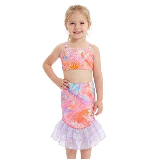 Girls Swimsuits 3PCs Mermaid Bikini Set Fish Tail Skirt Ruffled Bathing Suit Cosplay Swimwear for Kids Sizes 4-5Y