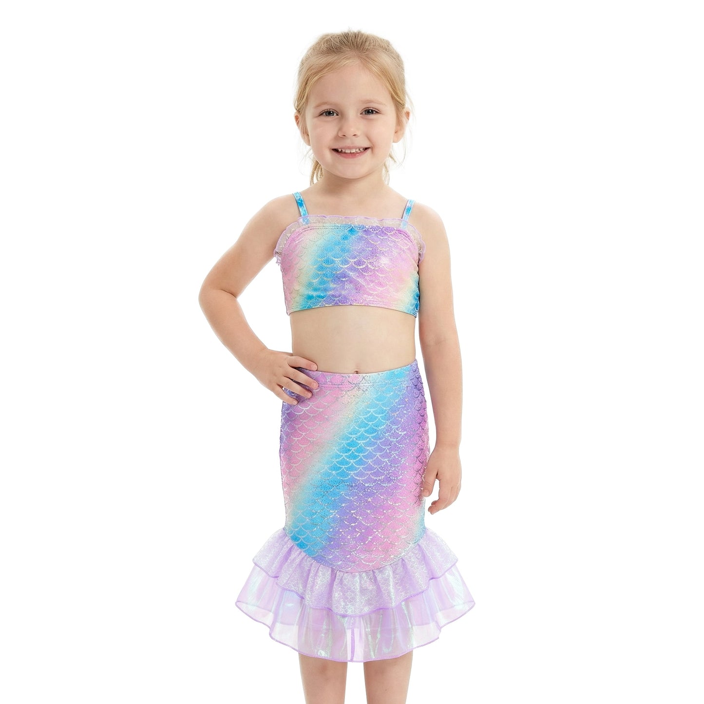Girls Swimsuits 3PCs Mermaid Bikini Set Fish Tail Skirt Ruffled Bathing Suit Cosplay Swimwear for Kids Sizes 5-6Y