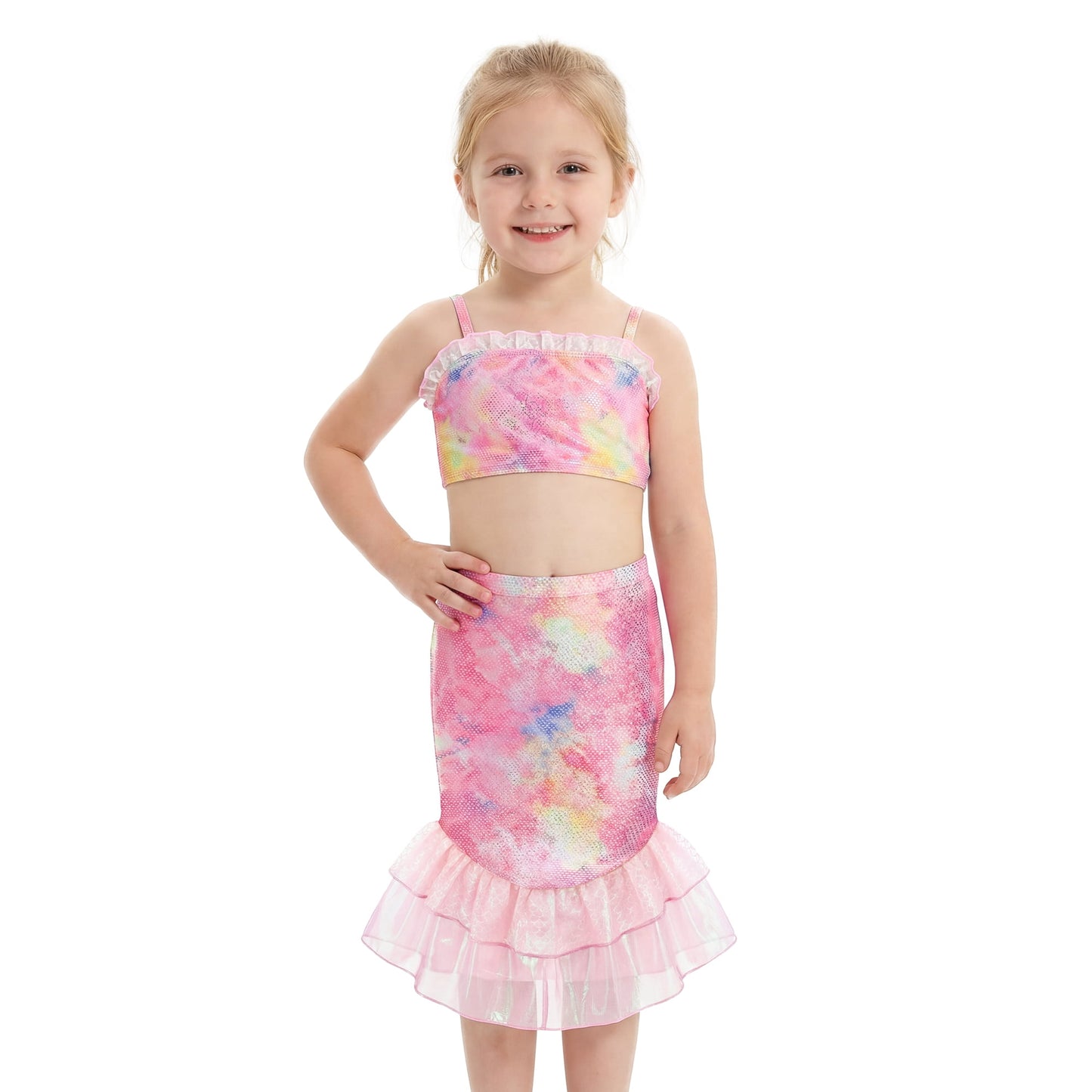 Girls Swimsuits 3PCs Mermaid Bikini Set Fish Tail Skirt Ruffled Bathing Suit Cosplay Swimwear for Kids Sizes 3-8