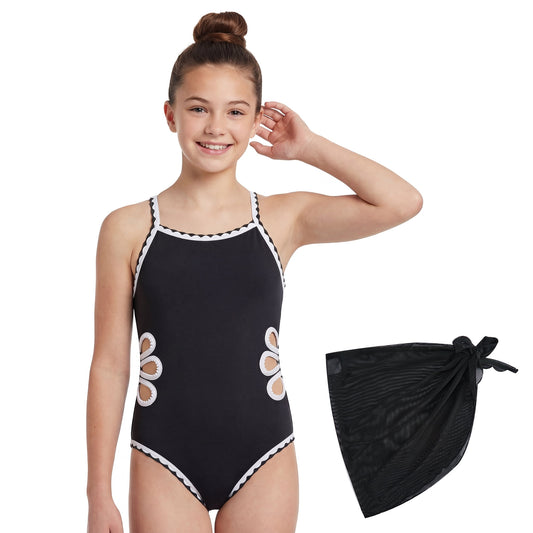 Girls One-Piece Cut Out Design Swimsuit with Cover Up Skirt Adjustable Straps Swimwear Solid Color Bathing Suit for Girls