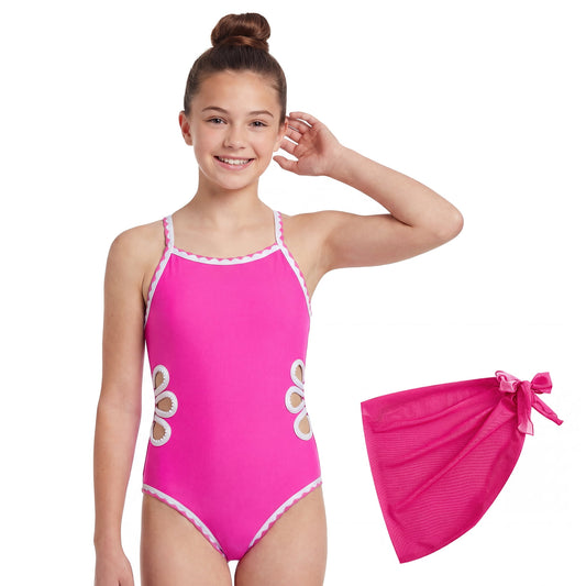 Girls One-Piece Cut Out Design Swimsuit with Cover Up Skirt Adjustable Straps Swimwear Solid Color Bathing Suit for Girls