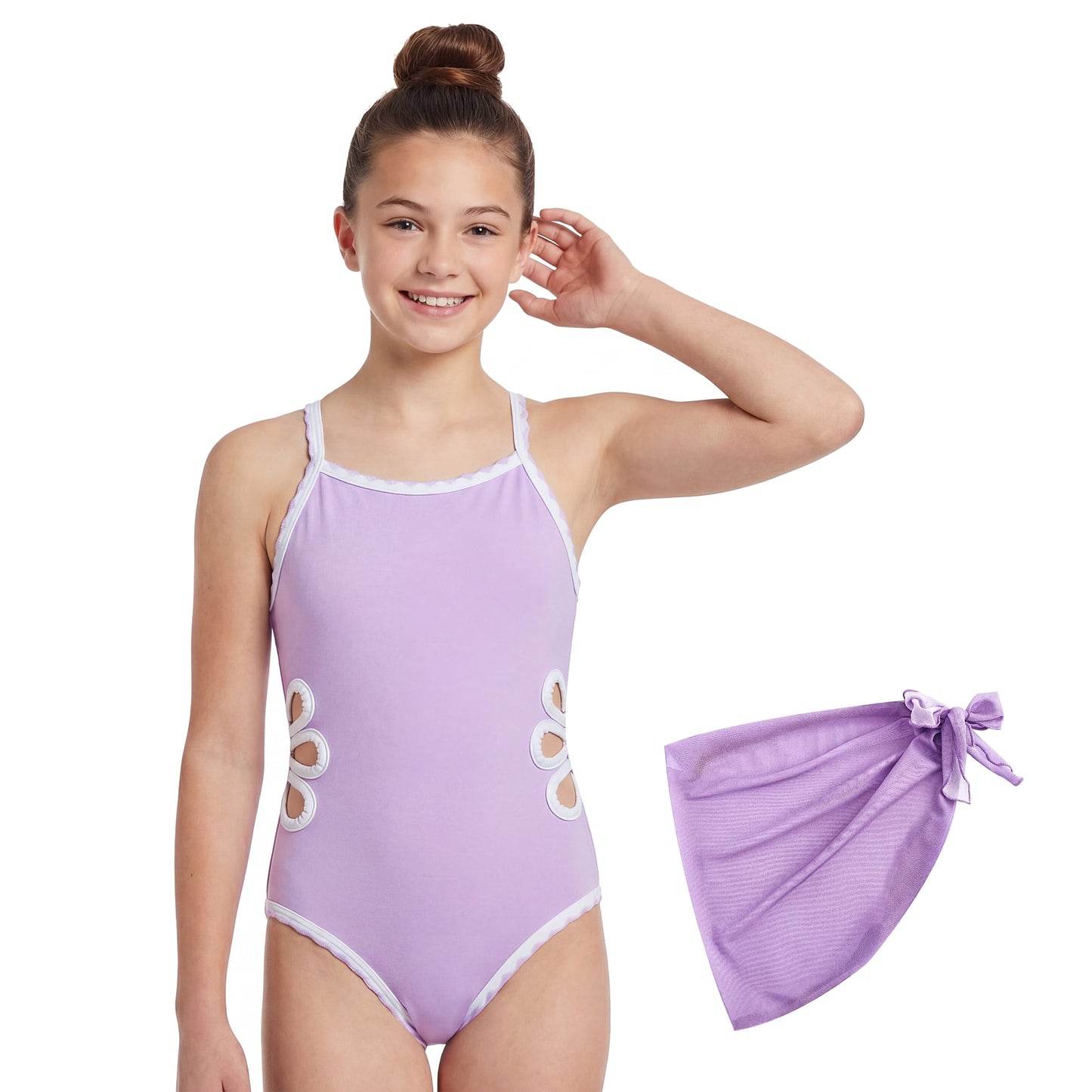 Girls One-Piece Cut Out Design Swimsuit with Cover Up Skirt Adjustable Straps Swimwear Solid Color Bathing Suit for Girls Ages 7-16 Years