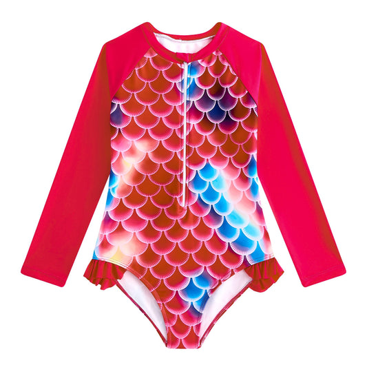Girls One Piece Scale Print Swimsuit Mermaid Long Sleeve Costume Rash Guard Swimsuit Size 8Y
