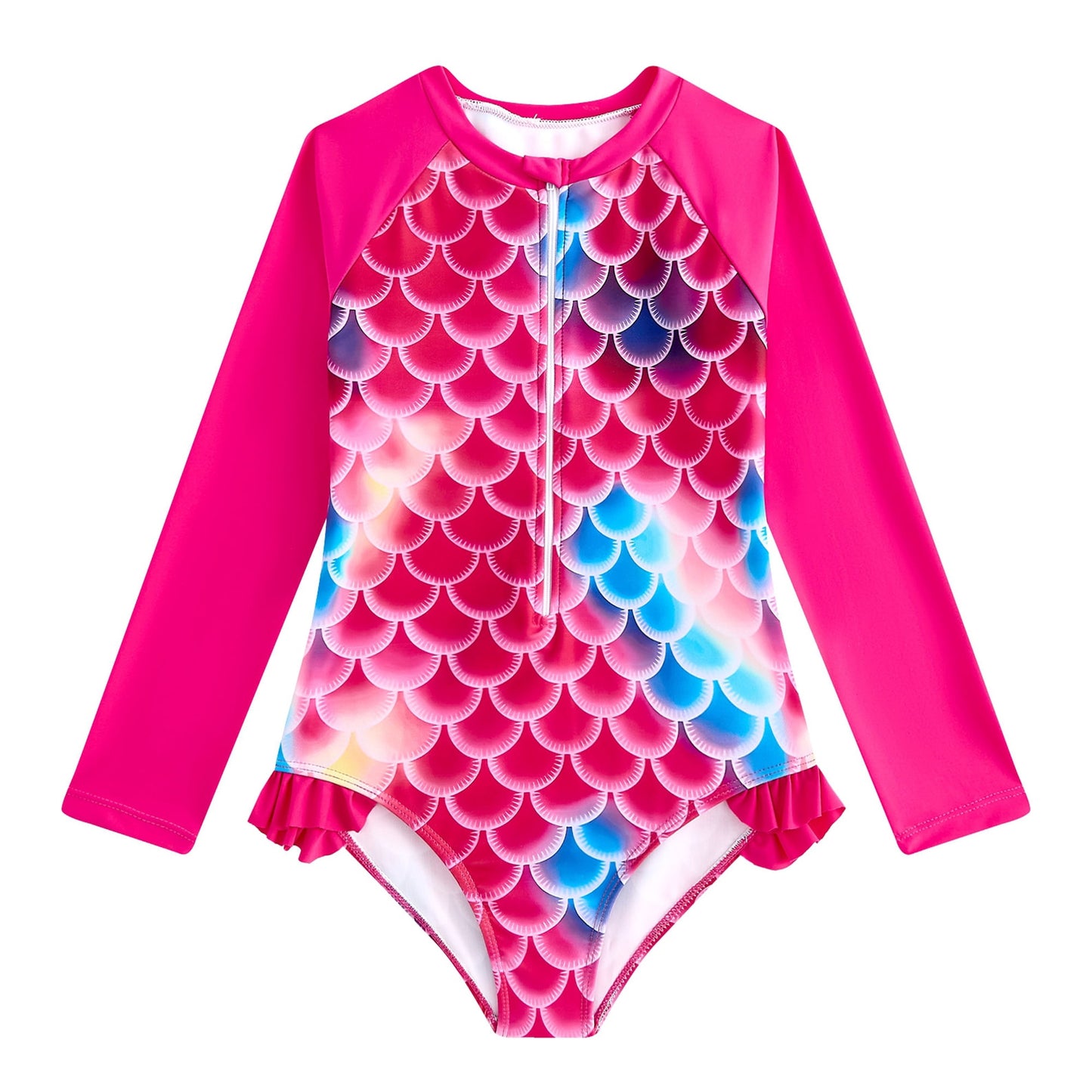 Girls Cosplay One Piece Scale Print Swimsuit Mermaid Long Sleeve Costume Rash Guard Swimsuit for Girls Ages 8Y