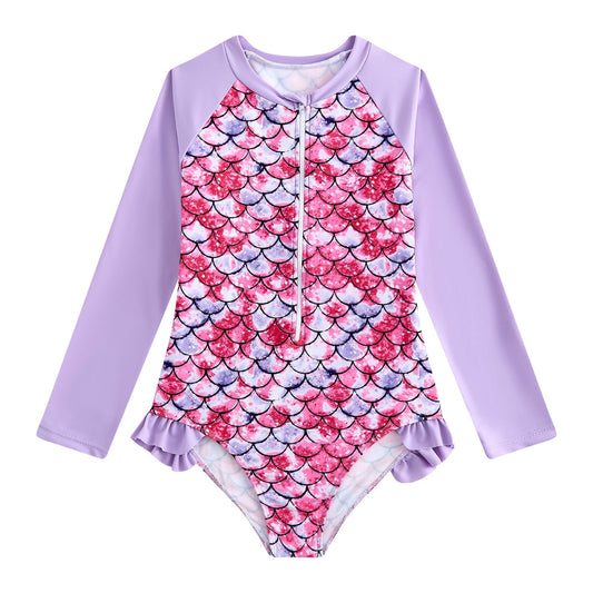 Girls Scale Print One Piece Swimsuit Mermaid Long Sleeve Costume Rash Guard Swimsuit for Girls Ages 5-8 Years