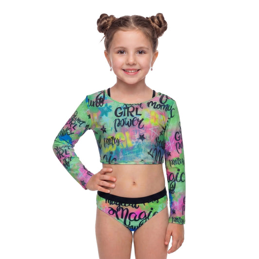 Girls 3-Piece Bikini Swimsuit Set with Long Sleeve Mesh Top Vibrant Color Print Swimwear Size 7Y
