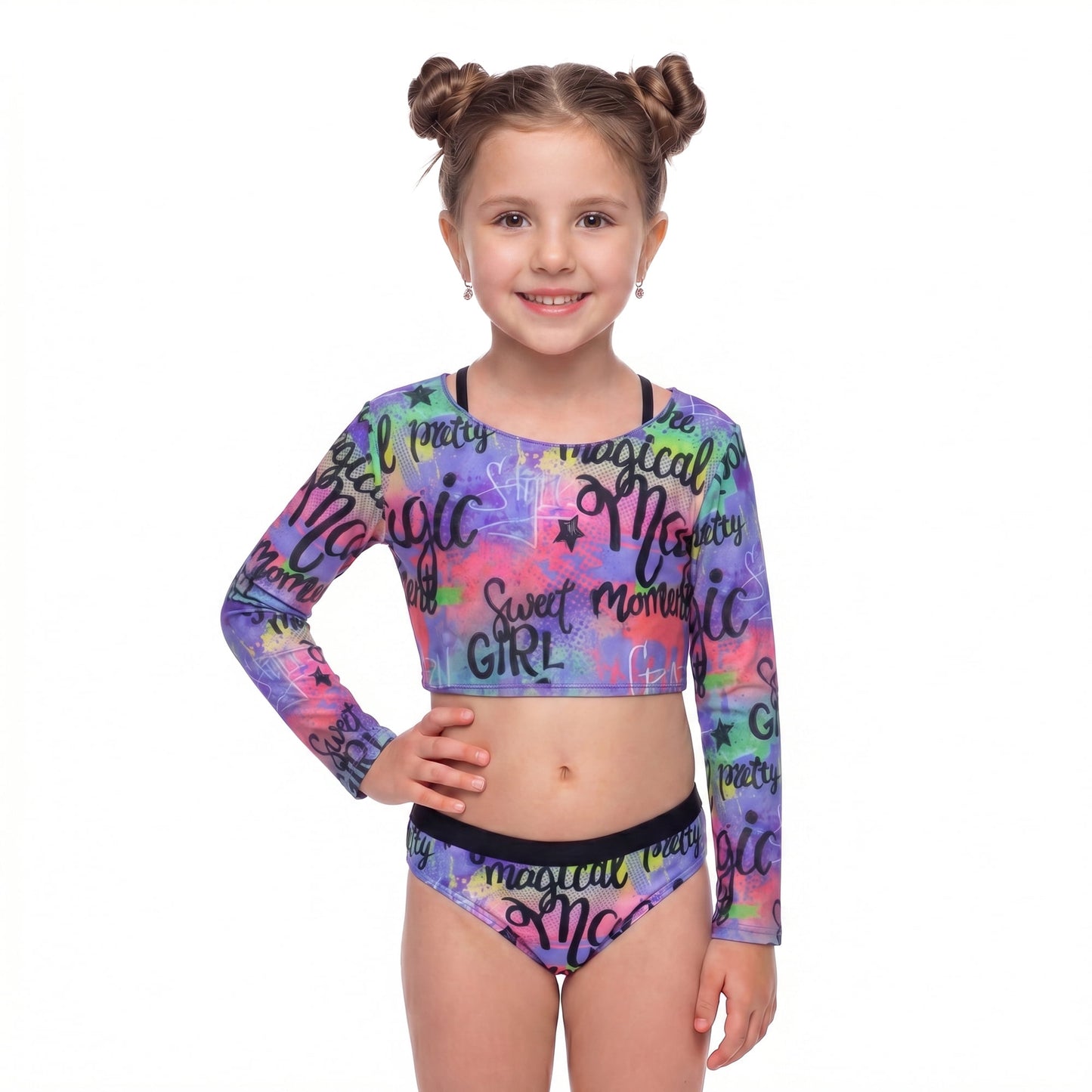 Girls 3-Piece Bikini Swimsuit Set with Long Sleeve Mesh Top Vibrant Color Print Swimwear Size 10Y