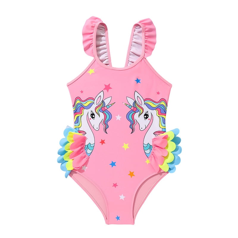Girls One Piece Cartoon Swimsuit with Colorful Ruffles Design Cute Character Swimwear Size 3-6Y