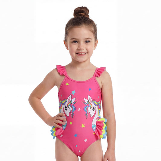 Girls One Piece Cartoon Swimsuit with Colorful Ruffles Design Cute Character Swimwear for Kids Girls 6Y
