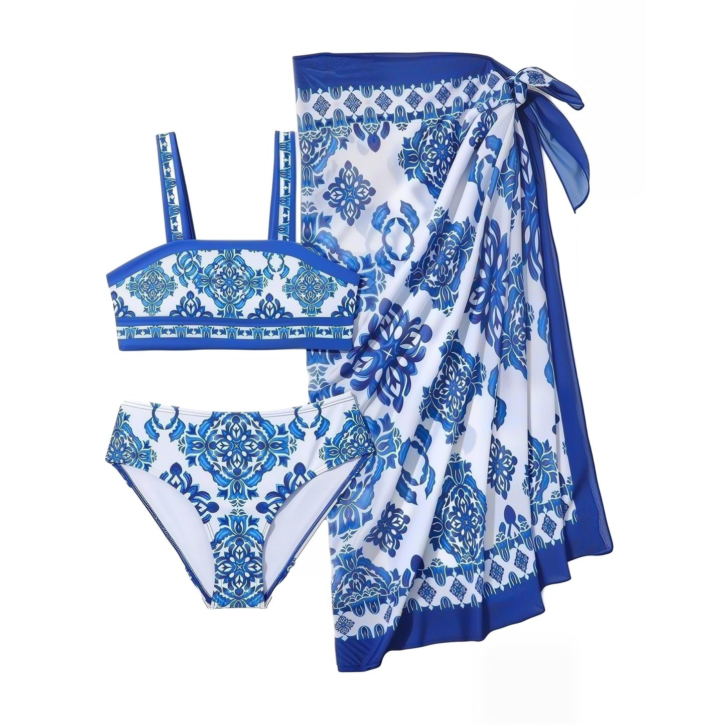 Girls 3-Piece Swimwsear with Long Cover Up Skirt Floral Print Bikini Swimsuit Set Size 8Y
