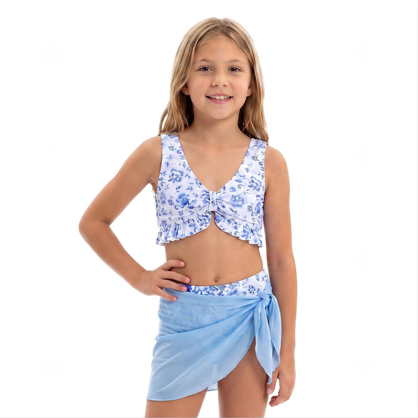 Girls 3PCS Swimwear Bikini Swimsuit Set with Mesh Cover Up Skirt Bathing Suit for Teen Girls Size 11Y