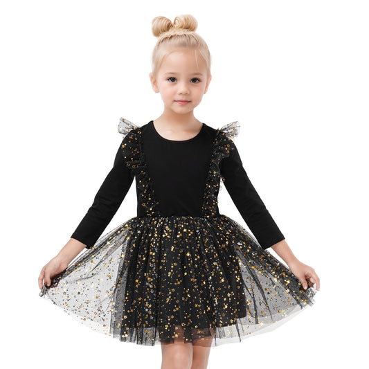 Toddler Girls Christmas Dresses Tutu Long Sleeve Velvet Tulle Fall Winter Princess Star Sequin Ruffle Holiday Party Birthday Xmas Dresses Black 4T(100)