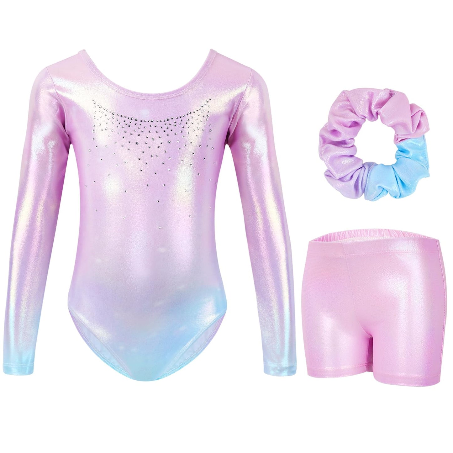 Gymnastics Leotards for Girls,Long Sleeve Rhinestone Kids Dance Unitards Biketards with Tumbling Dance Shorts