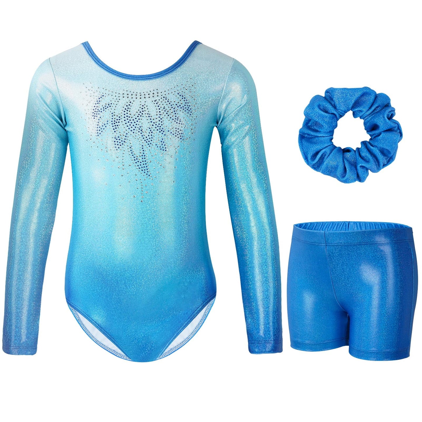 Gymnastics Leotards for Girls,Long Sleeve Rhinestone Kids Dance Unitards Biketards with Tumbling Dance Shorts
