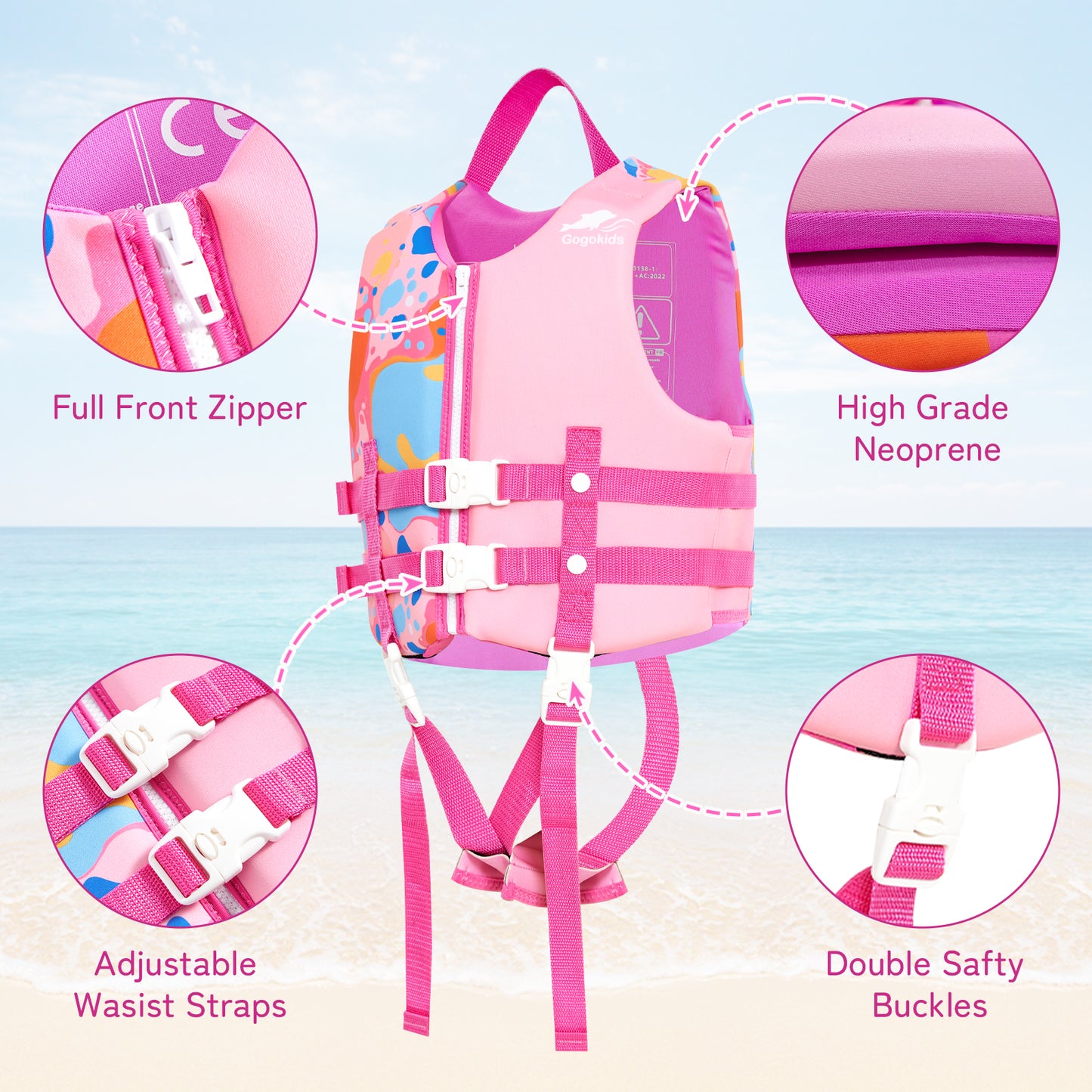 Gogokids Kids Life Jacket Swim Vest with Adjustable Safety Strap,Toddler Float Jacket Boys and Girls Float Swimsuit Buoyancy Swimwear