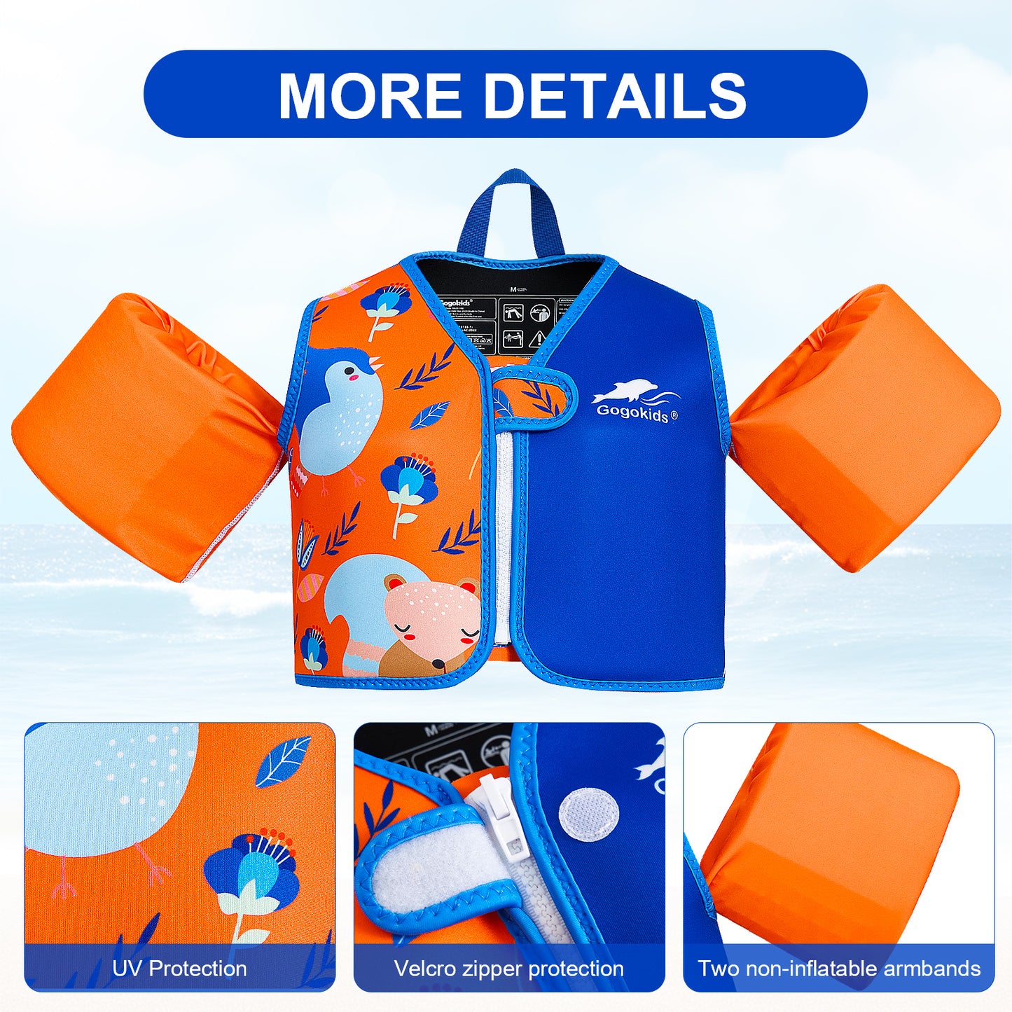 Gogokids Kids Swim Vest Toddler Armbands, Kids Jacket-style Swim Vest Floation with Two Arm Bands, Children Float Jacket for Boys Girls(2-6 Years)