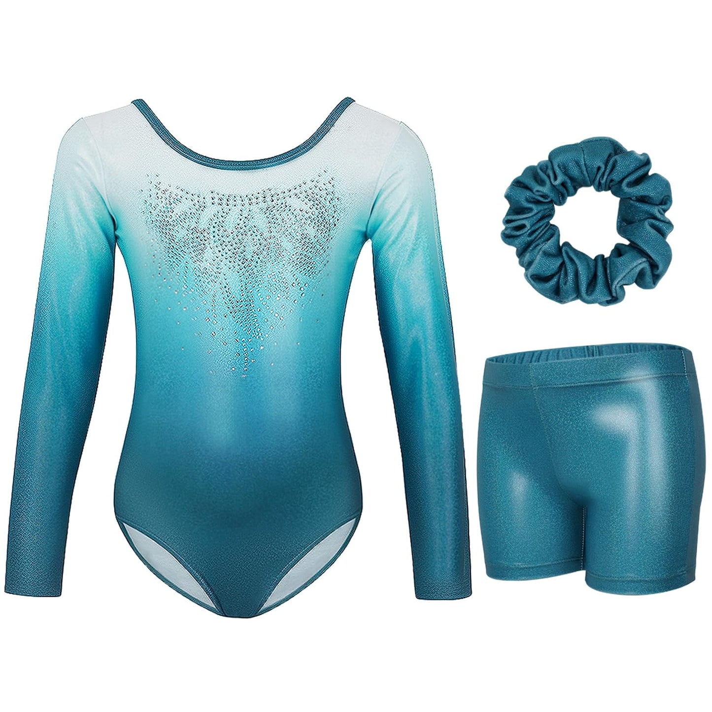 Gymnastics Leotards for Girls,Long Sleeve Rhinestone Kids Dance Unitards Biketards with Tumbling Dance Shorts