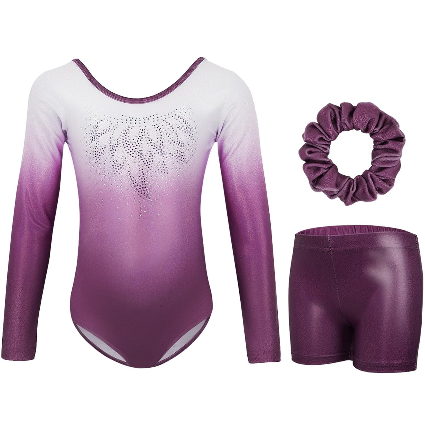 Gymnastics Leotards for Girls,Long Sleeve Rhinestone Kids Dance Unitards Biketards with Tumbling Dance Shorts