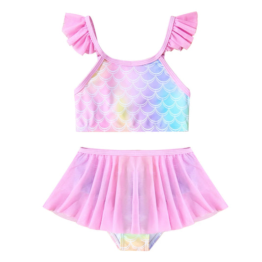 Girls' Swimwear 2 Piece, Adjustable Fish Scale Design Ruffled Top, with Cover up Skirt for 8-12Y