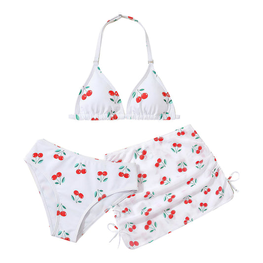 Girls Swimsuits with Cover Up Skirt 3 Piece Halter Triangle Bathing Suits Bikini Set for Size 5-13
