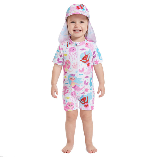 Baby Swimsuit Girl UPF 50+ Sun Protection One Piece Zipper with Sun Hat Infant Beach Swimwear 2T Swimsuit Girl