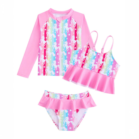Bathing Suits for Girls with Long Sleeve Rash Guard 3PC Girls Ruffled Swimsuit Size 8 Cute Pettern