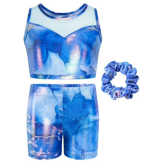 Two Piece Gymnastics Leotards for Girls,Sparkly Dance Biketards with Shorts Ballet Tumbling Outfit for Girl 3-12 Years