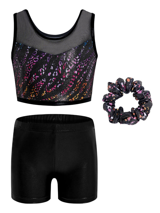 Two Piece Leotards for Girls Gymnastics with Shorts Ballet Tumbling Outfit Hollow Back Design