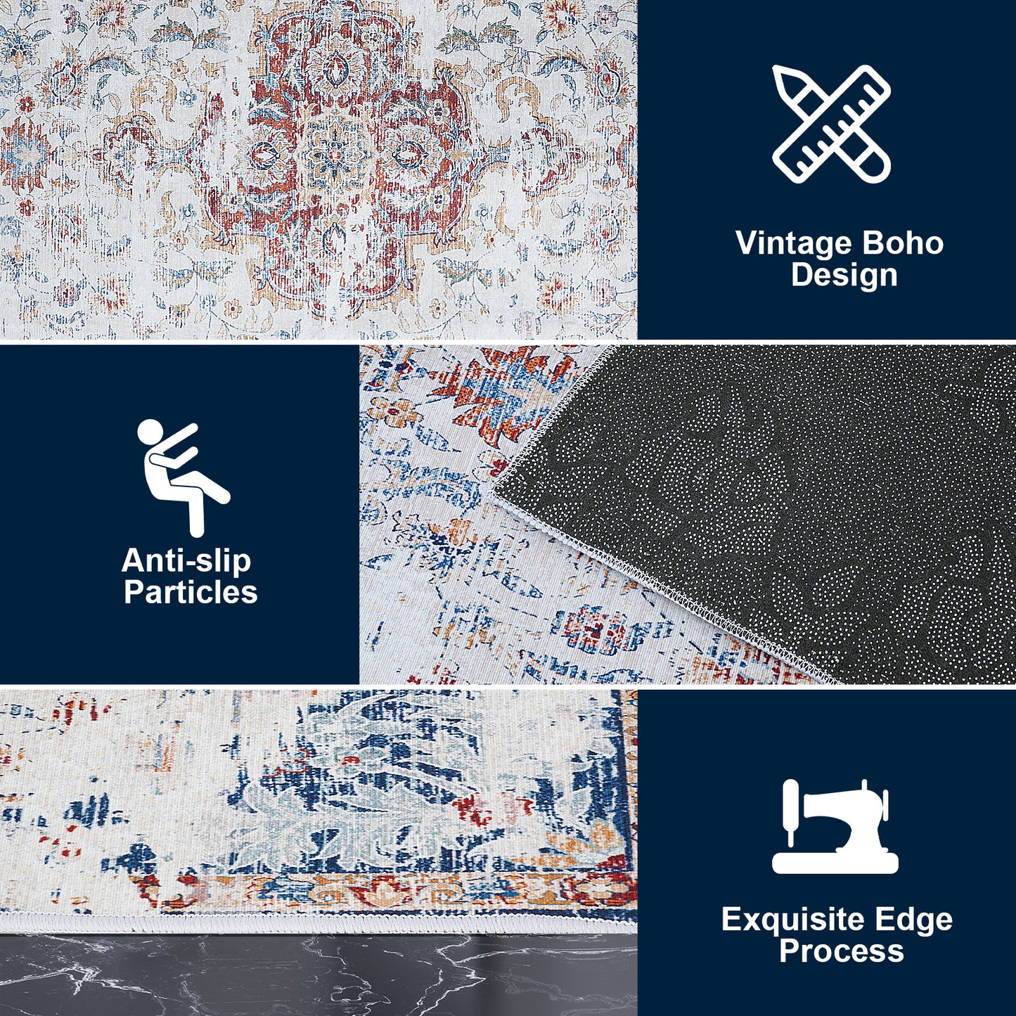 Vintage Bohemian Area Rug, 2x6ft Washable Living Room Rug Indoor Non-Slip, Large Oriental Accent Throw Rug for Kitchen Entryway Bathroom Bedroom Office Carpet