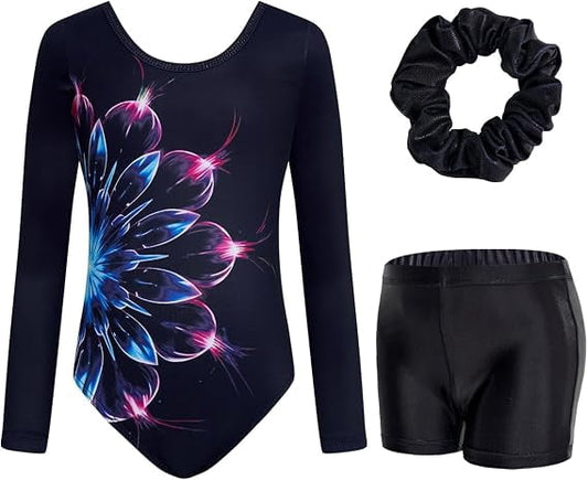 3 Pcs Set Gymnastics Leotards For Girls Long Sleeve Criss Cross-Back Ballet Leotards For Gymnastics With Shorts Toddler Dance Outfit For 5-10 Years