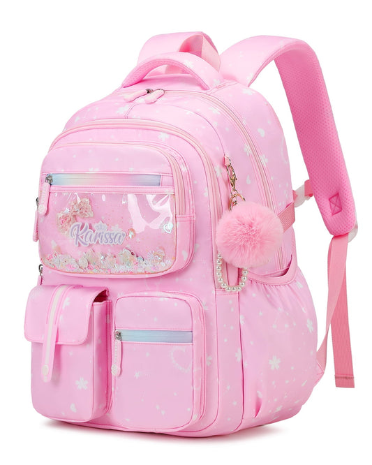 Girls Backpack Ergonomic Primary Thicker Back School Bag, Fantasy Children's Backpack with Pom Pom Pendant and Decoration 1-4 Grade