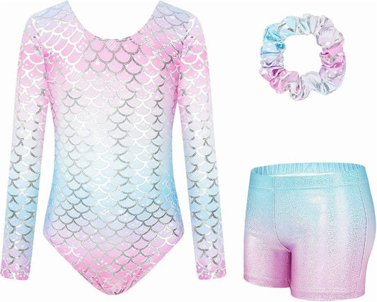 Girl Gymnastic Clothes 3PC Long Sleeve Sparkly with Shorts for Tumbling Outfits Dance Gymnastics Gifts for Girls Size 3-12 Fish Scale Pink