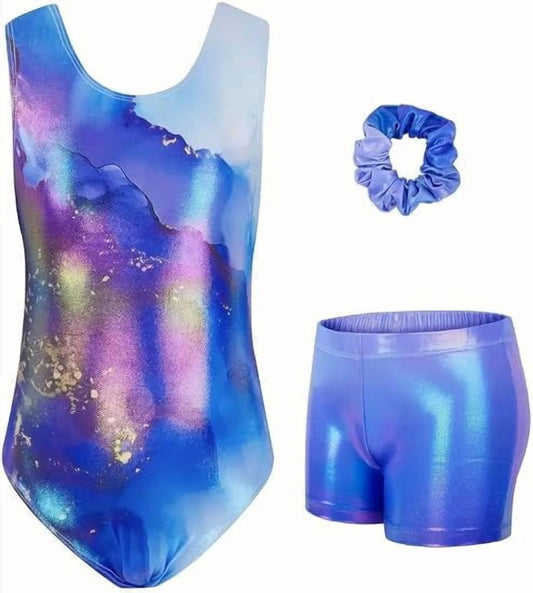 Girls Gymnastics Leotards, Glitter Ballet Dance Unitards Biketards Activewear with Short & Hairband for Kids