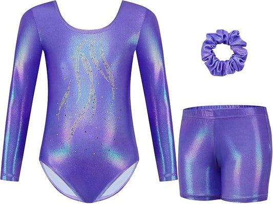 Gymnastics Leotards for Girls, Long Sleeve Sparkly Rhinestone Dance Unitards Biketards with Shorts for 5-10 Years