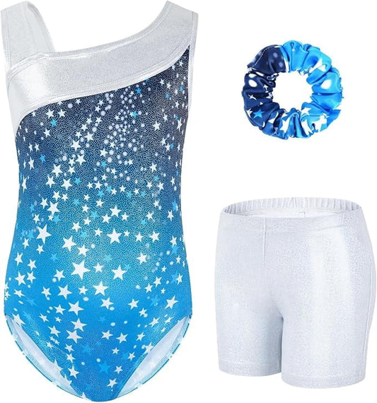 Gymnastics Leotards for Girls,Kids Glitter Stars Dance Unitards Biketards with Shorts,Y-Neck