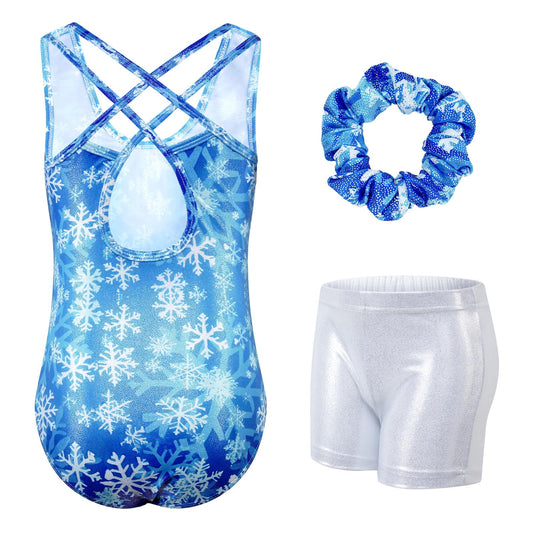 Gymnastics Leotards for Girls with Cross Back,Sparkly Dance Leotard Unitards with Shorts and Hair Band Biketards Outfit for 5-10 Years