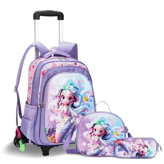 IvyH Rolling Backpack 3pcs Wheeled Backpack Lightweight Waterproof Bag Set with Lunch Bag Pen Case,Purple Mermaid