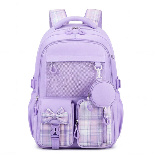 Girls School Backpack Waterproof Lightweight Bookbag with Reflective Straps & Trolley Strap for Grades 3-7, Purple