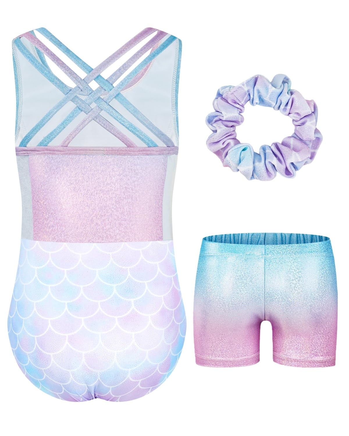 Gymnastics Leotards for Girls with Cross Back,Sparkly Dance Leotard Unitards with Shorts and Hair Band Biketards Outfit for 5-10 Years
